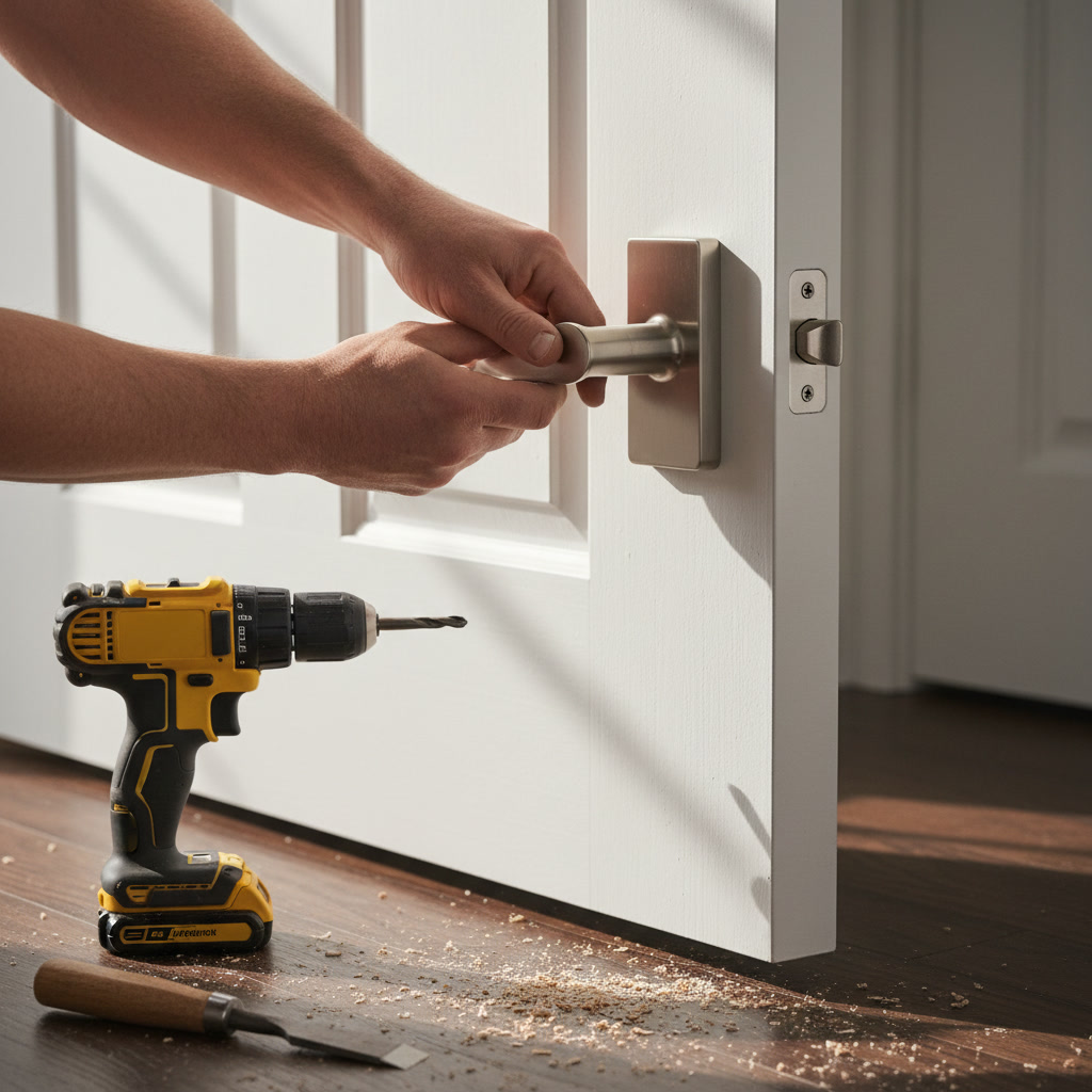 Handyman installing door hardware and latch in Anchorage home