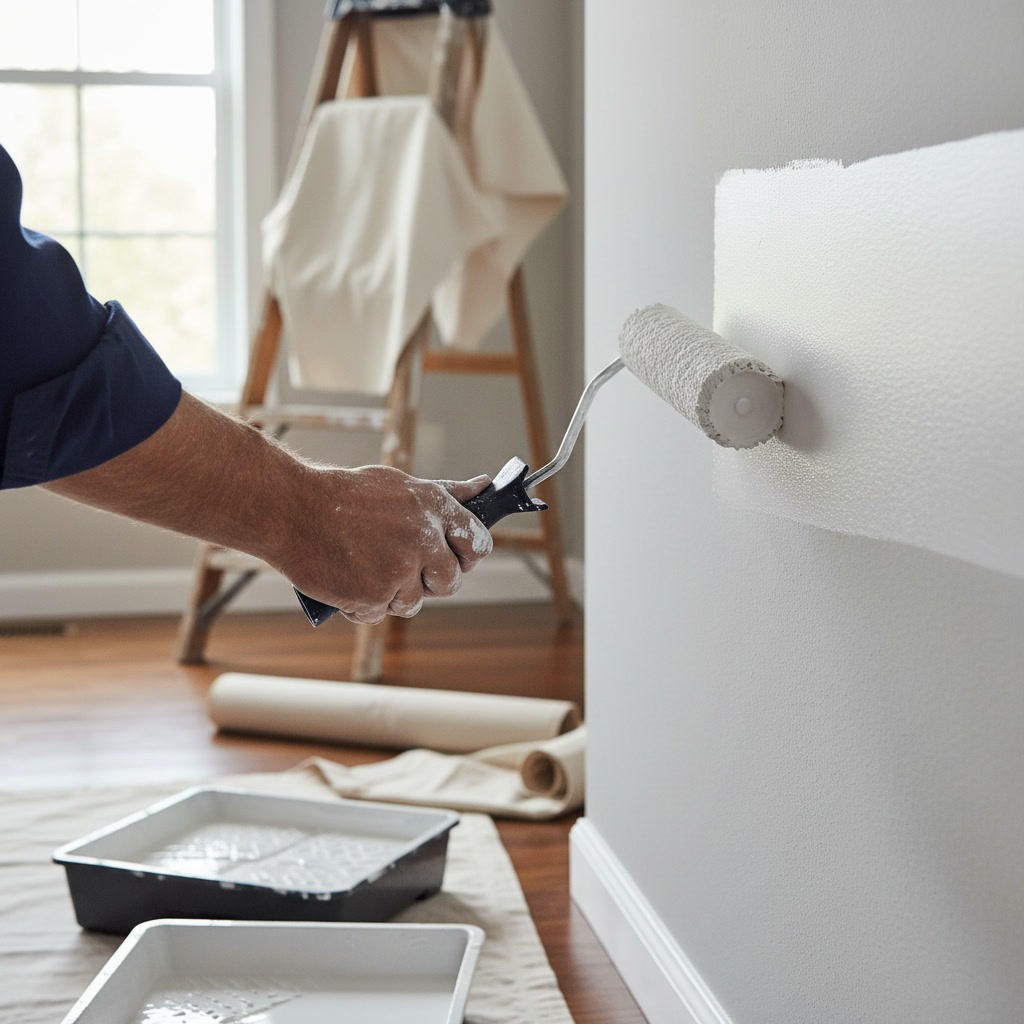 Painter rolling white paint on interior wall in Anchorage home