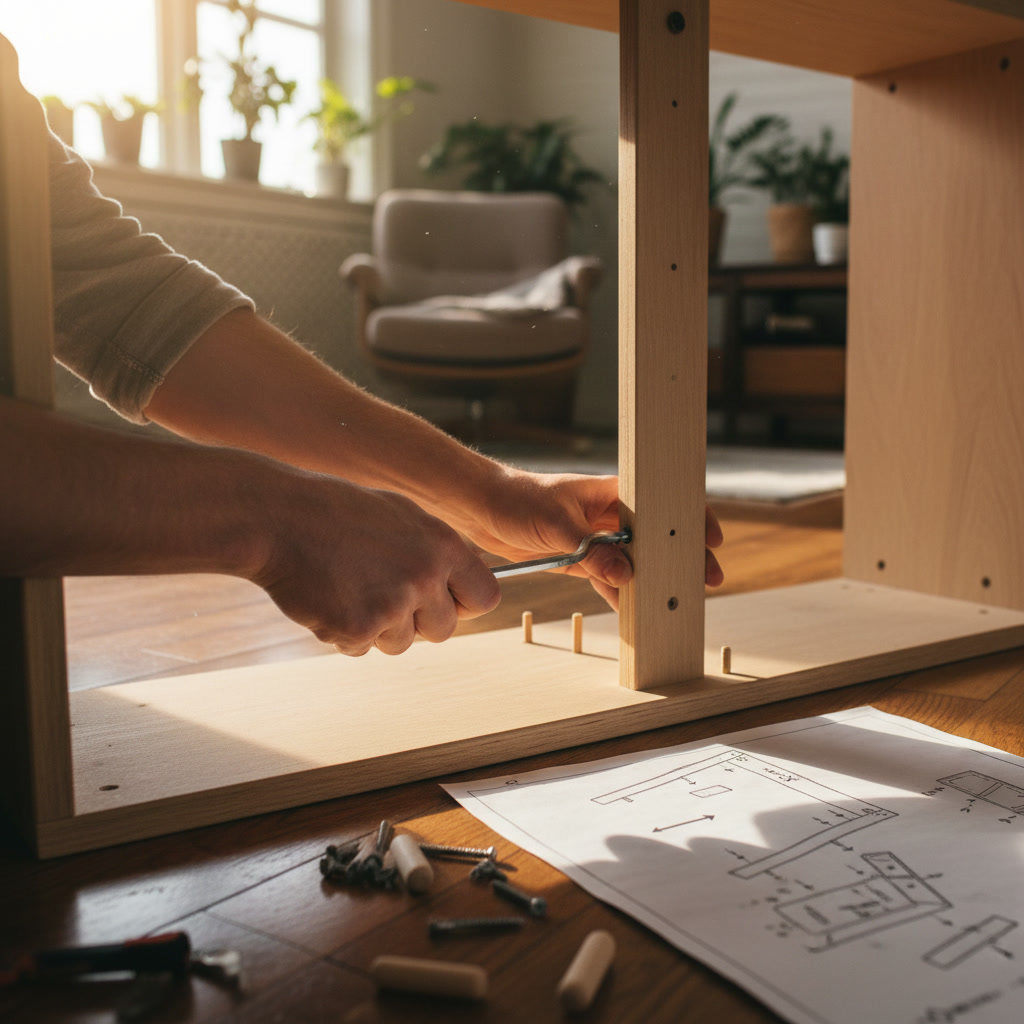 Hands assembling wooden furniture with hardware and tools on Anchorage home floor