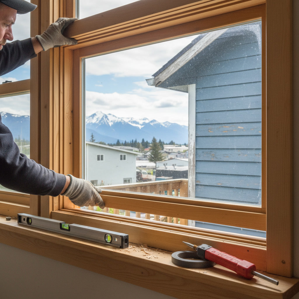 Handyman installing new double-hung window in Anchorage home with mountain view