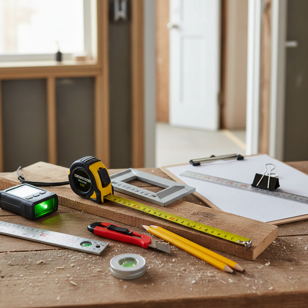 Homeowner using tape measure to measure doorway width for door replacement