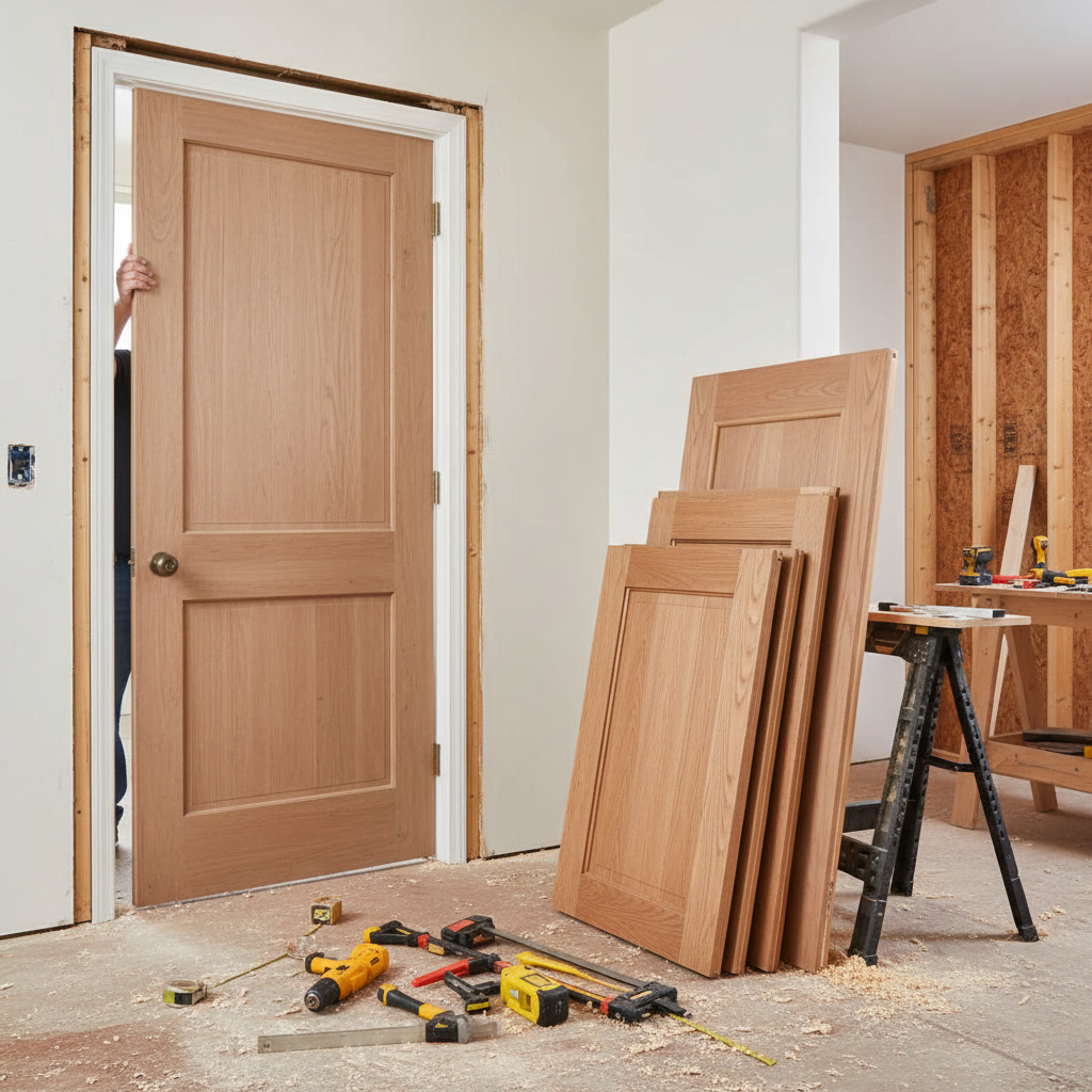 Carpenter measuring door jamb depth with tape measure during replacement