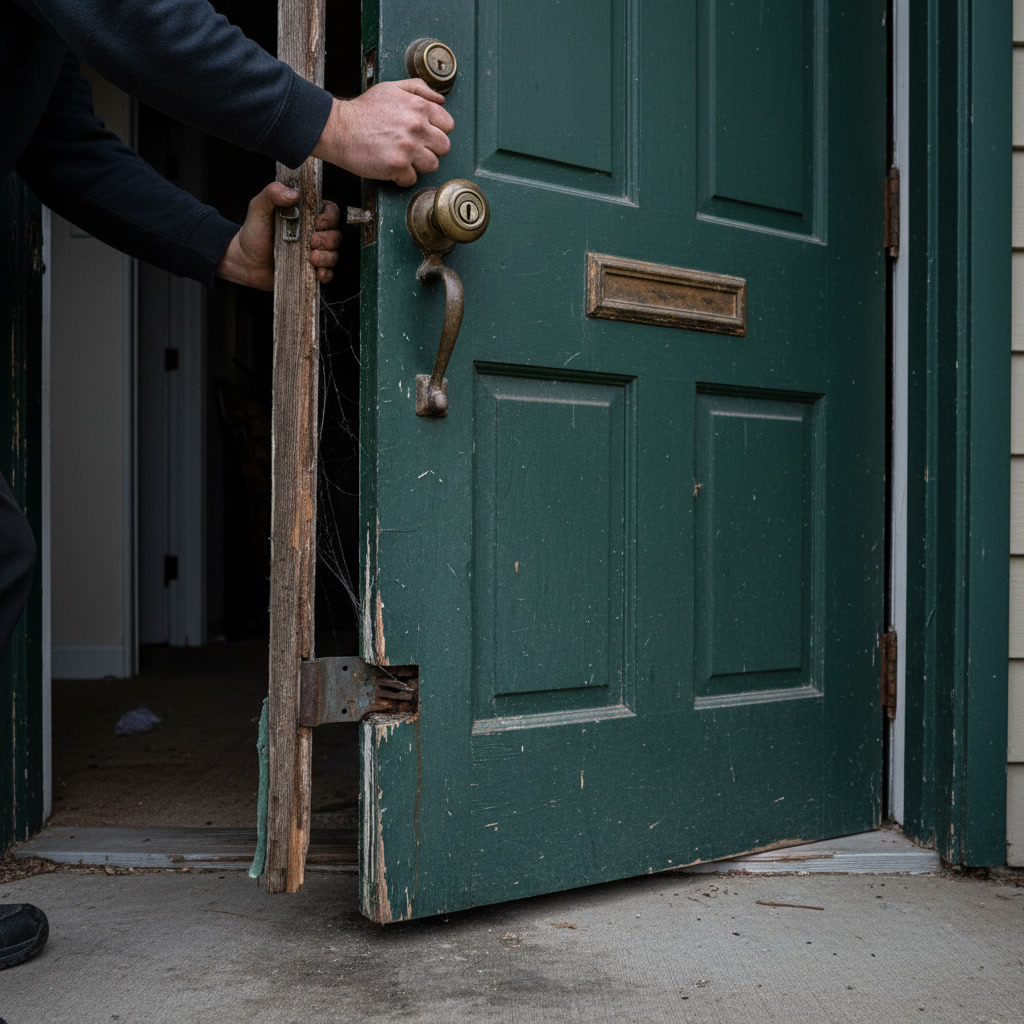 Close-up of damaged door lock hardware and broken weatherstripping