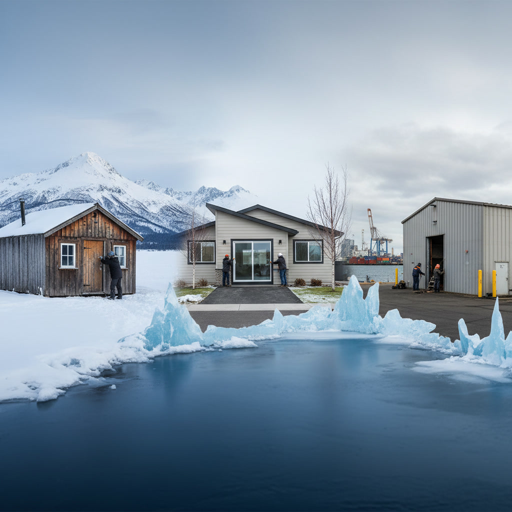 Alaska homeowner inspecting new energy efficient door installation with proper weather sealing