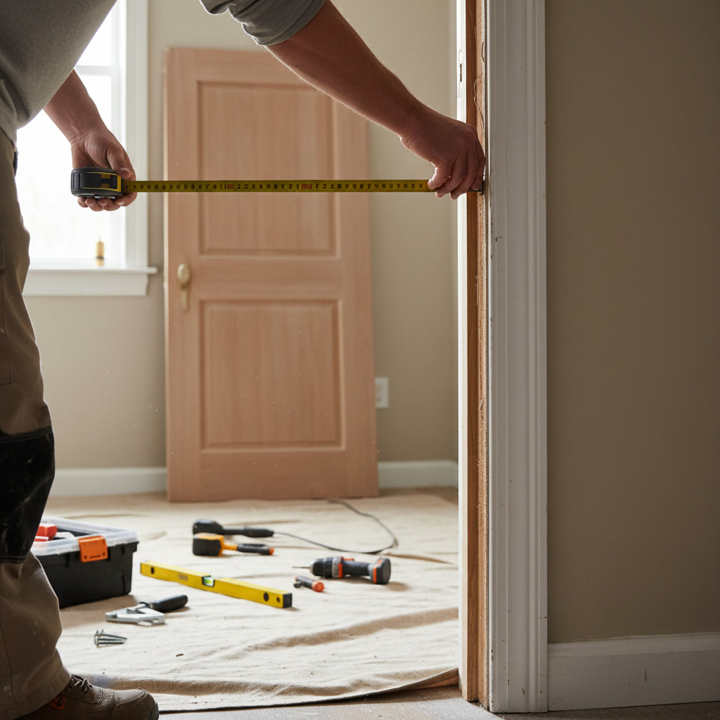 Professional measuring door frame opening for accurate door replacement