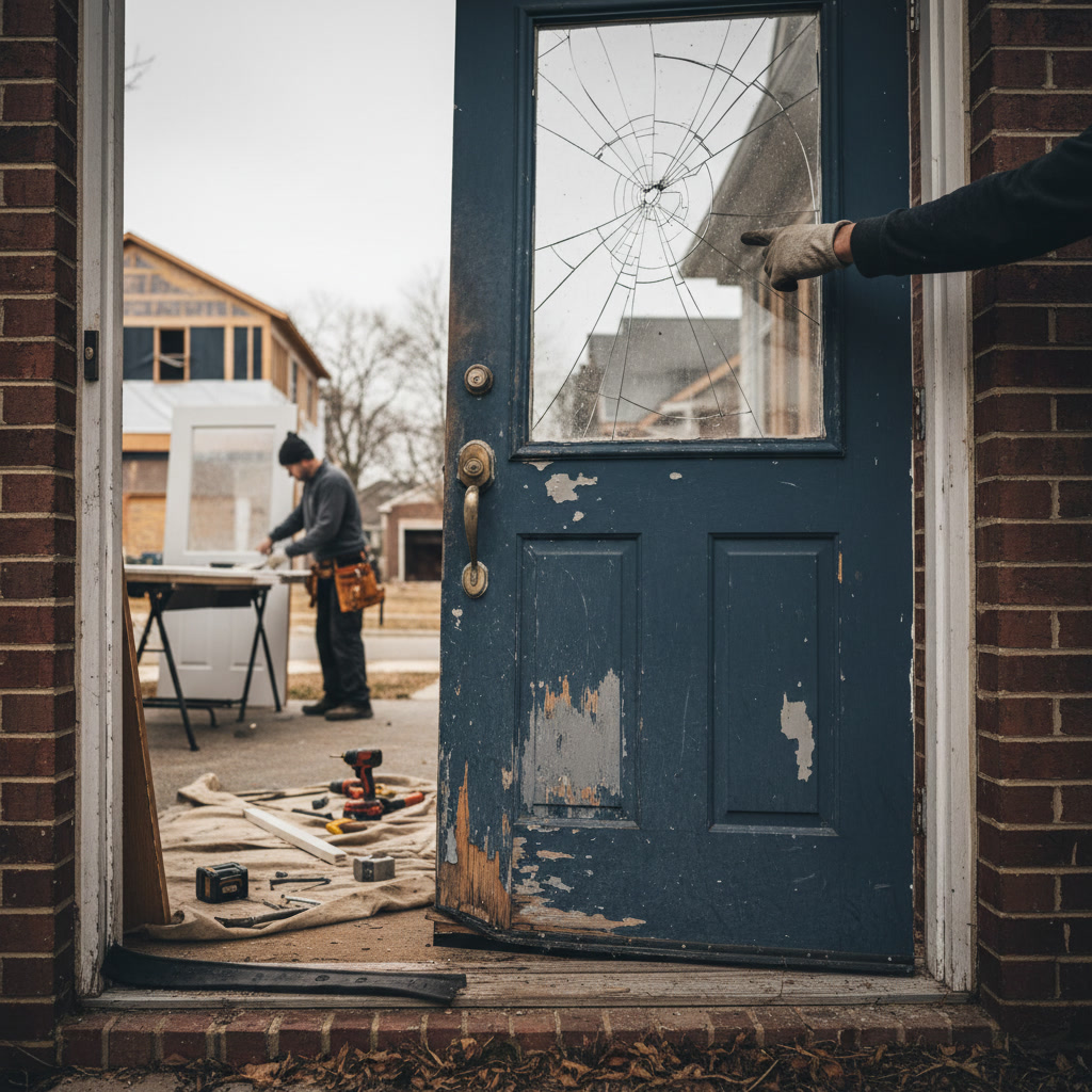 Homeowner inspecting damaged exterior door for signs of wear and needed repair