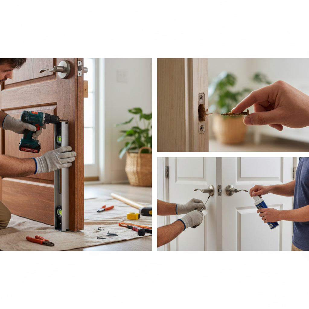 Homeowner tightening loose door hinges with screwdriver for DIY door repair