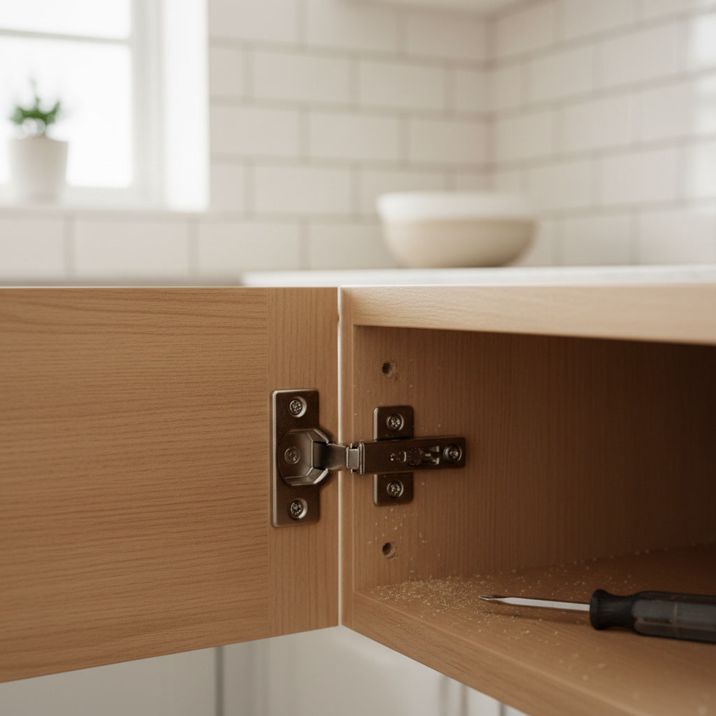Close-up view of European concealed cabinet hinge with adjustment screws