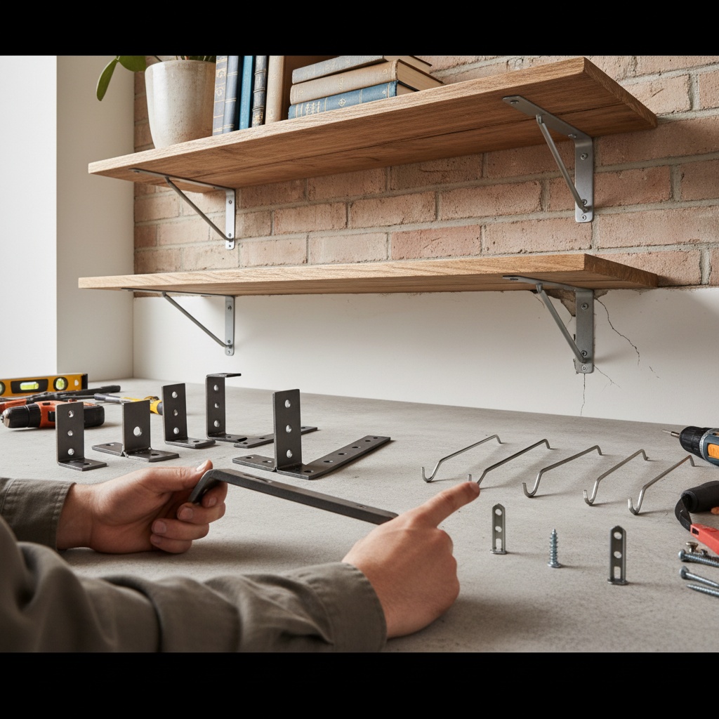 Heavy-duty floating shelf brackets mounted to wall studs