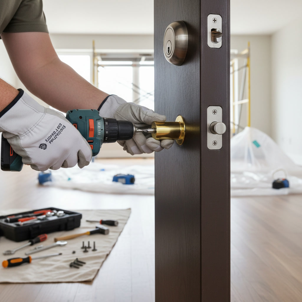 Professional installing secure deadbolt lock on exterior door