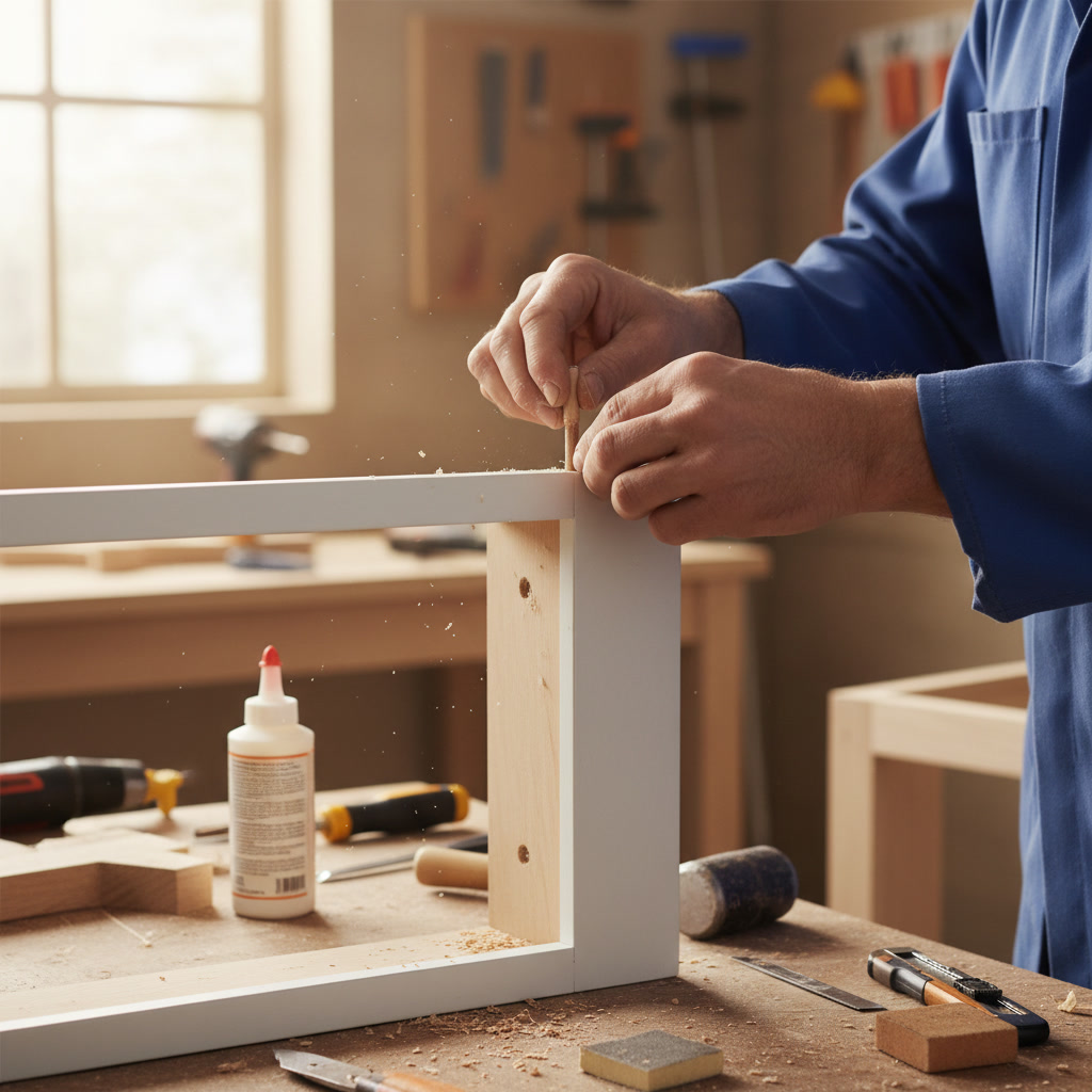 Stripped cabinet hinge screw hole repair with wooden dowel and glue