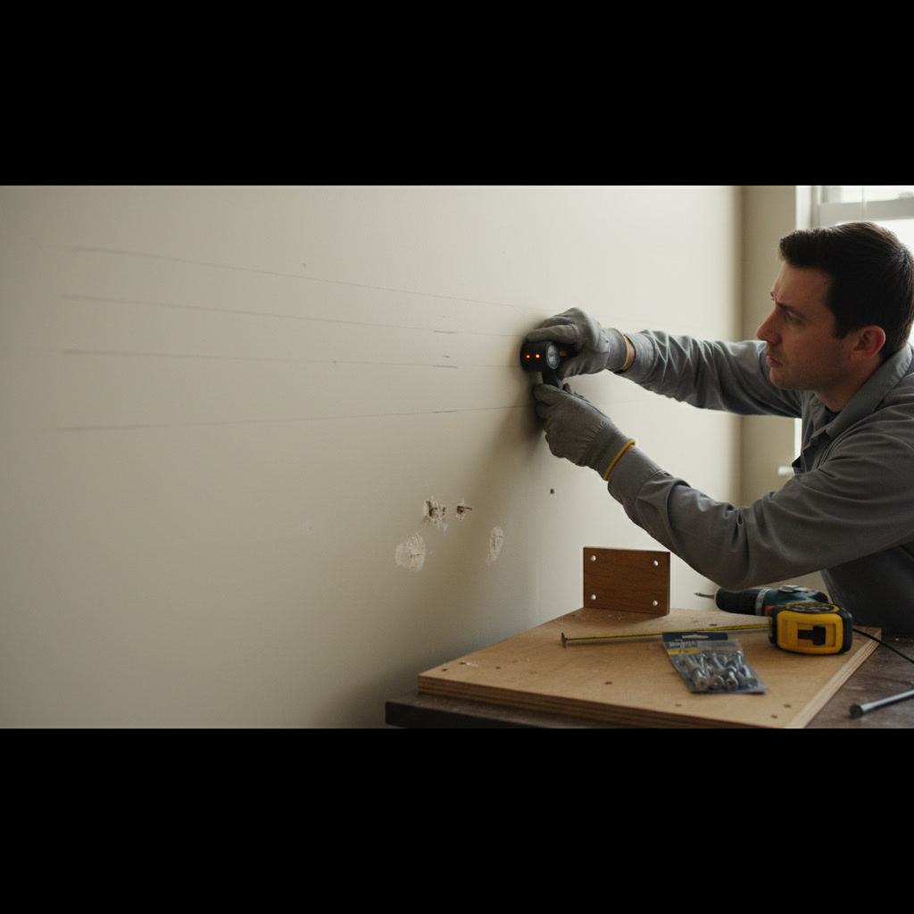 Level being used to align floating shelf bracket installation