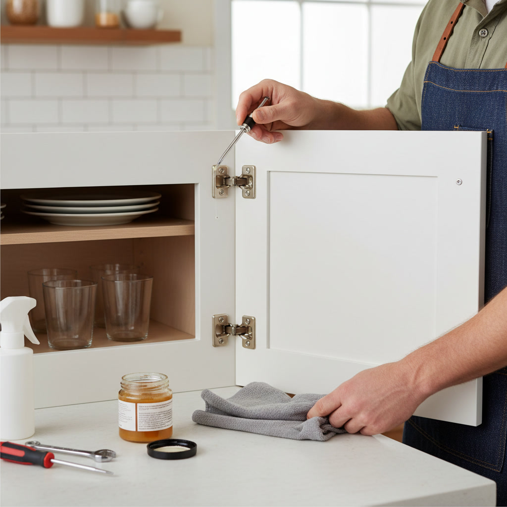 Applying silicone lubricant spray to squeaky cabinet door hinge