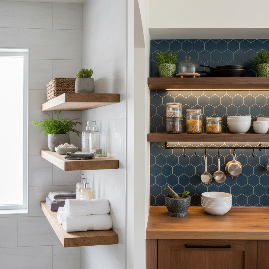 Installed floating shelves holding books and decorative items safely