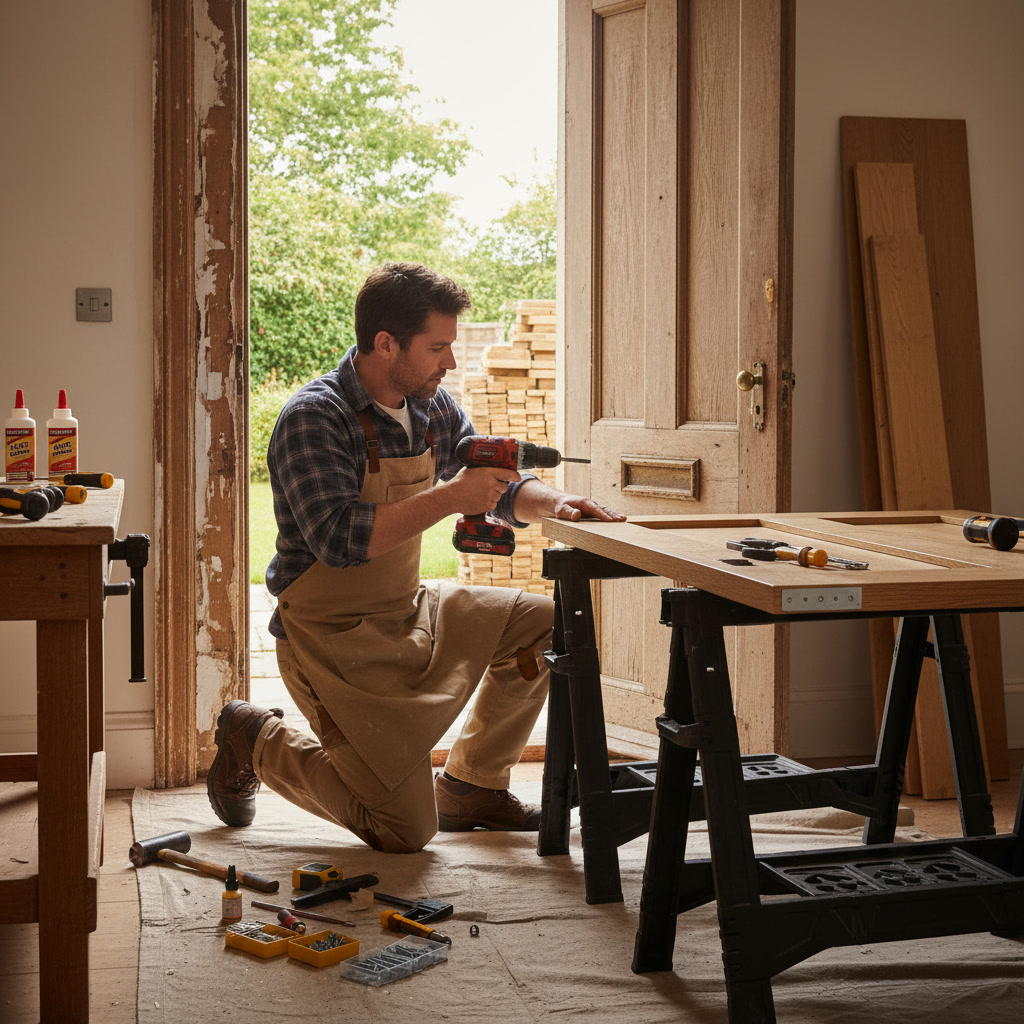 Homeowner examining interior door hinges and hardware for potential DIY repair