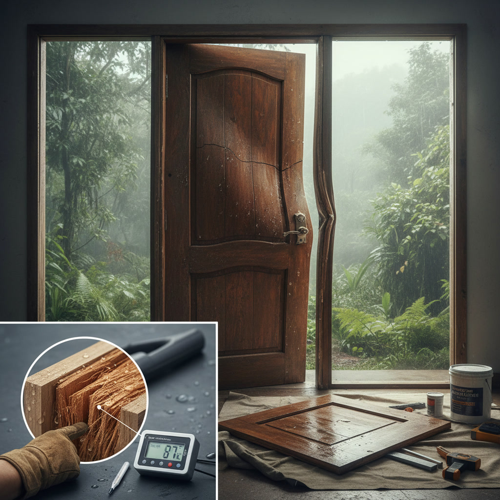 Professional inspecting swollen wooden door frame in humid climate