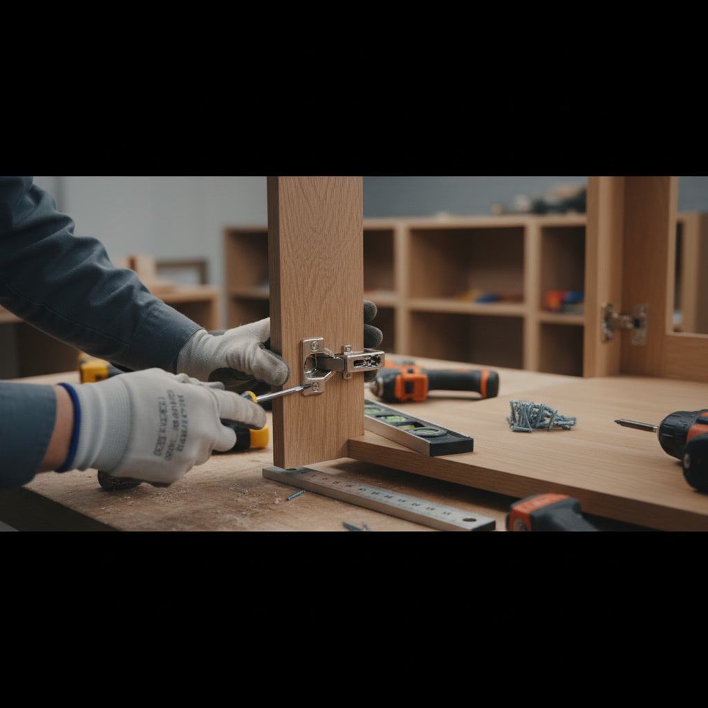 Homeowner adjusting European concealed cabinet hinge with screwdriver in modern kitchen