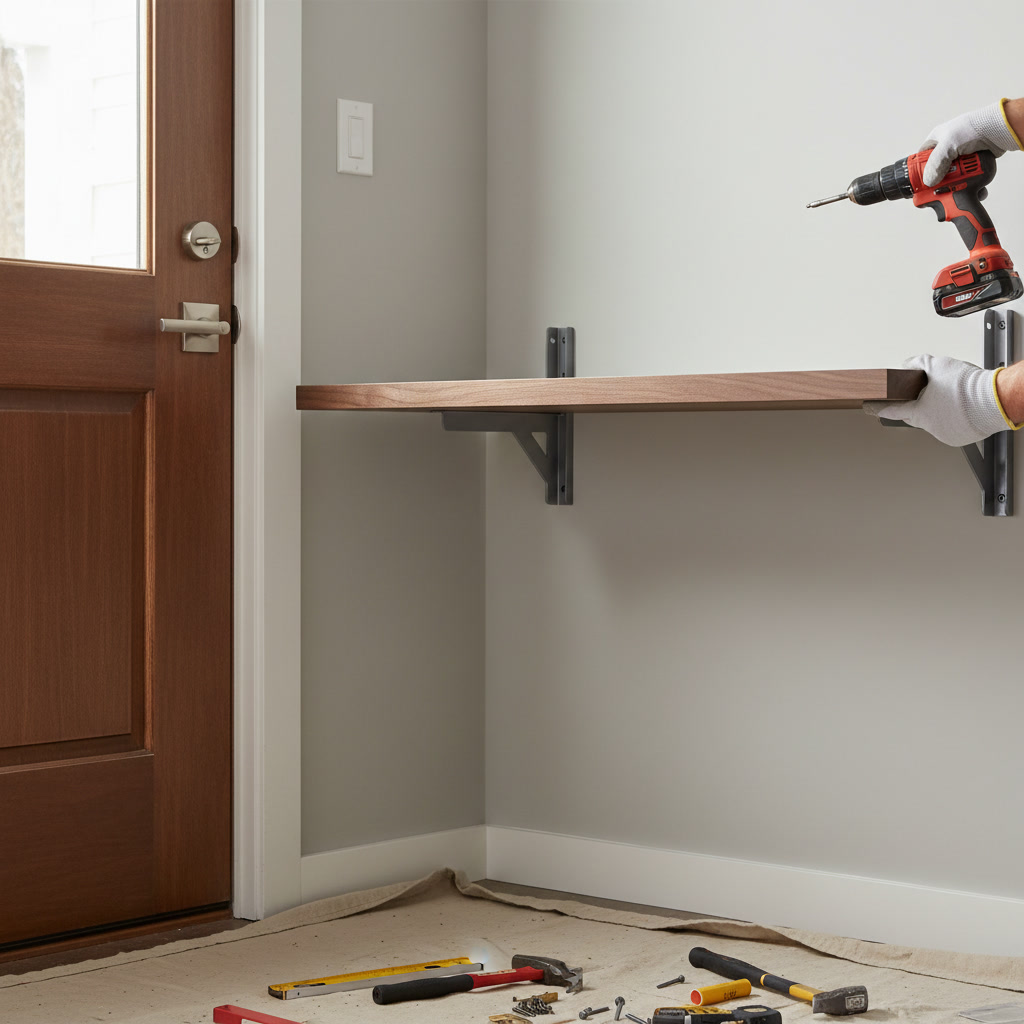 Professional installing heavy-duty floating shelf brackets in Anchorage home